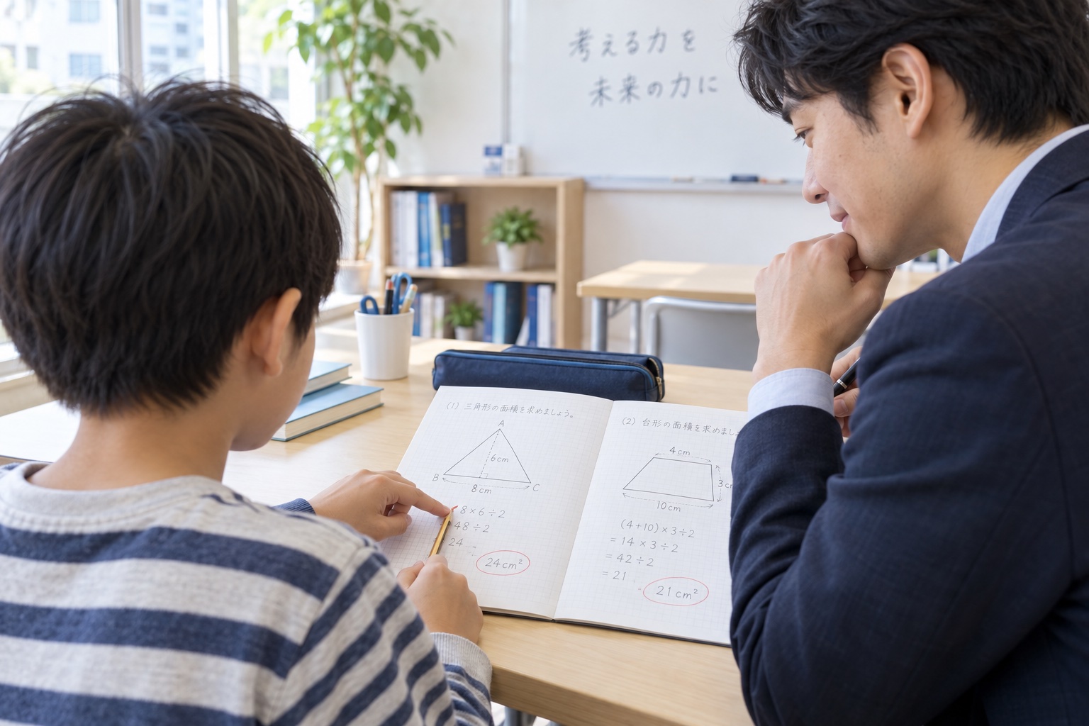 生徒がノートを指しながら解き方を説明し、講師が耳を傾ける授業イメージ